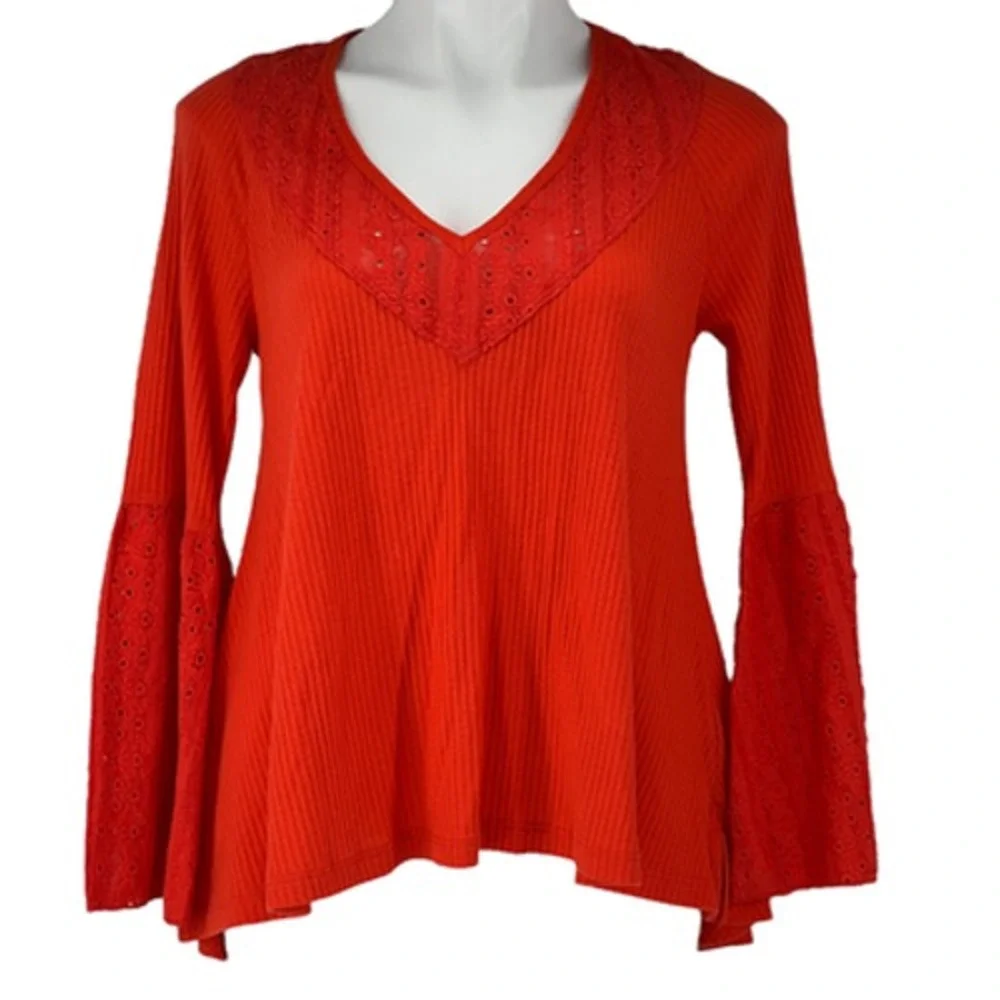 Free People Parisian Nights XS Boho Flared Sleeve Embroidered Ribbed Women's Top